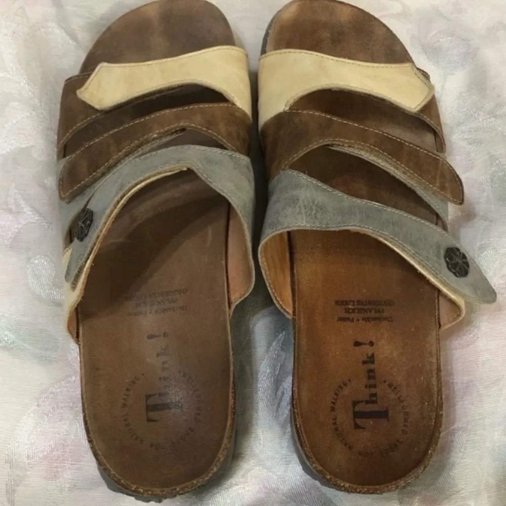 Think! Leather Mitzi Adjustable Footbed Slide Wedge Sandals size 9